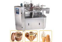 Rotary ice cream cone and cup filling machine